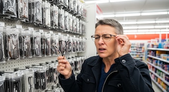 Una persona de 55 años con cabello corto canoso se prueba anteojos de lectura frente a un exhibidor lleno de paquetes de lentes en una farmacia o tienda.