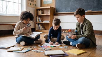 Tres niños sentados en el suelo de un aula con libros, lupa, rotuladores, papel, piezas de rompecabezas y un modelo del sistema solar.