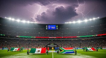 Estadio Azteca lleno de gente bajo intensa lluvia con rayos. Jugadores de México y Sudáfrica sostienen sus banderas en el campo, con una pantalla del Mundial 2026.