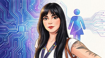 Caricatura de Fabiola Lobo de medio cuerpo, con cabello negro y flequillo, labios rojos, credencial de Microsoft y tatuaje en el brazo, frente a un mural de circuitos y el logo de Mujer Digital.