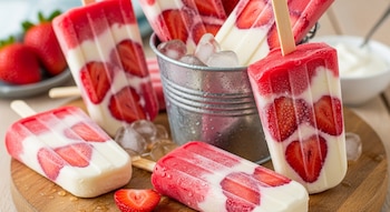 Varias paletas de fresa con crema, rojas y blancas, algunas en un cubo con hielo y otras en una tabla de madera. Fresas frescas y un cuenco con crema se ven al fondo.