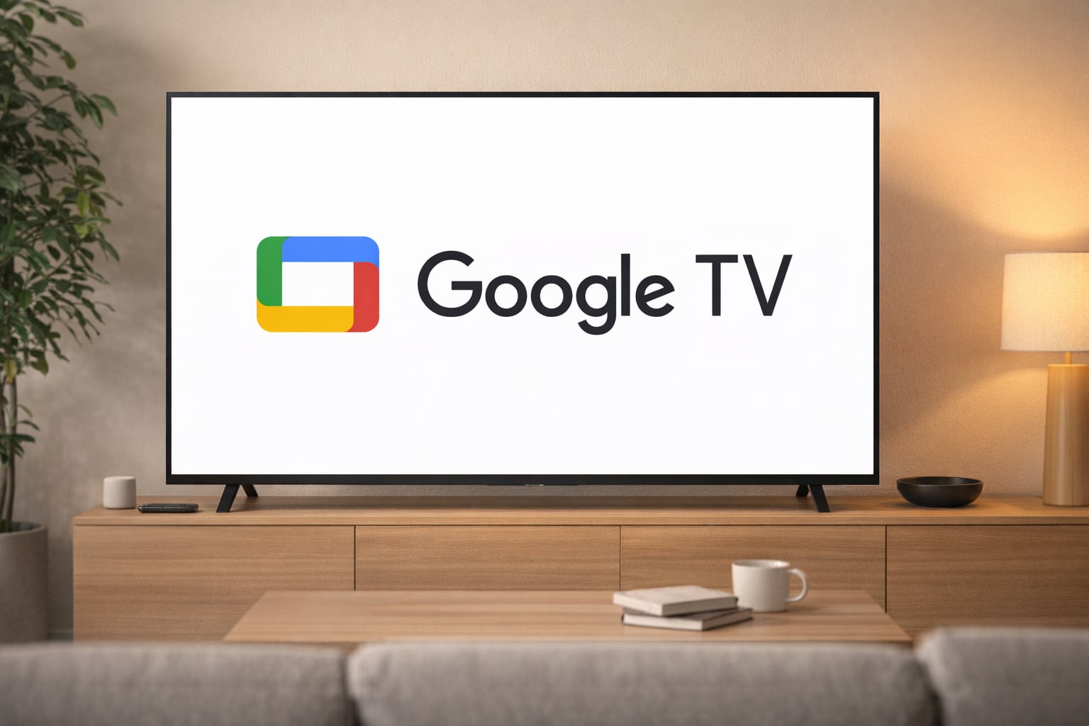 Un televisor en una sala de estar moderna muestra el vibrante logo de Google TV, integrando la tecnología en el corazón del entretenimiento doméstico. (Imagen Ilustrativa Infobae)