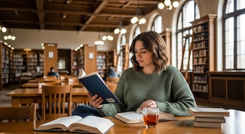 Una mujer joven de cabello castaño corto, vestida con un suéter verde, lee un libro azul en una mesa de madera en una biblioteca. Hay otros libros y una taza de té.