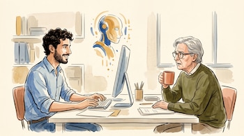 Ilustración de un joven sonriente frente a un teclado y un hombre mayor con anteojos y taza observando un dibujo robótico sobre una pantalla.