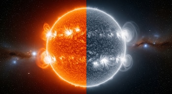 Imagen de una estrella dividida verticalmente. La mitad izquierda es naranja brillante con erupciones intensas. La mitad derecha es azul grisáceo tenue con actividad sutil.