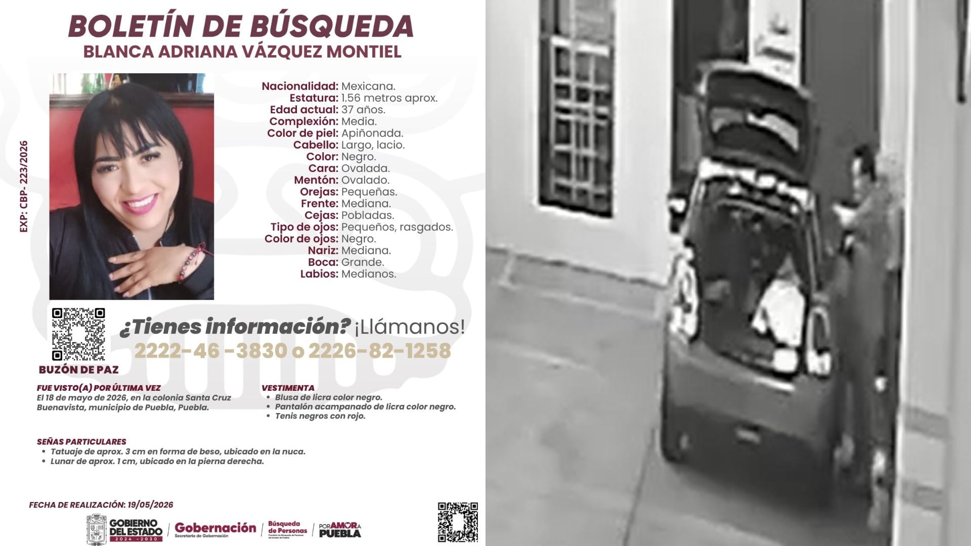 Blanca Adriana Vázquez Montiel acudió el 18 de mayo a la clínica Detox en la calzada Zavaleta para una liposucción; mientras su esposo salía a comprar una faja, tres personas la sacaron inconsciente del lugar y la subieron a un Mini Cooper rojo. (Comisión Estatal de Búsqueda de Personas/Captura de pantalla)