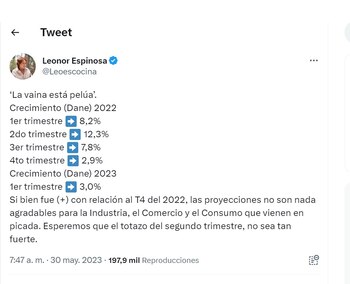 Tuit de Leonor Espinosa, chef colombiana, sobre el crecimiento económico.