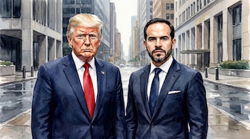 Ilustración acuarela de medio cuerpo de Donald Trump y Abelardo De la Espriella, ambos con traje oscuro, de pie en una acera urbana con edificios al fondo.