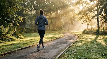 Persona de espaldas con chaqueta y mallas deportivas que camina por un sendero asfaltado en un parque arbolado iluminado por el sol.