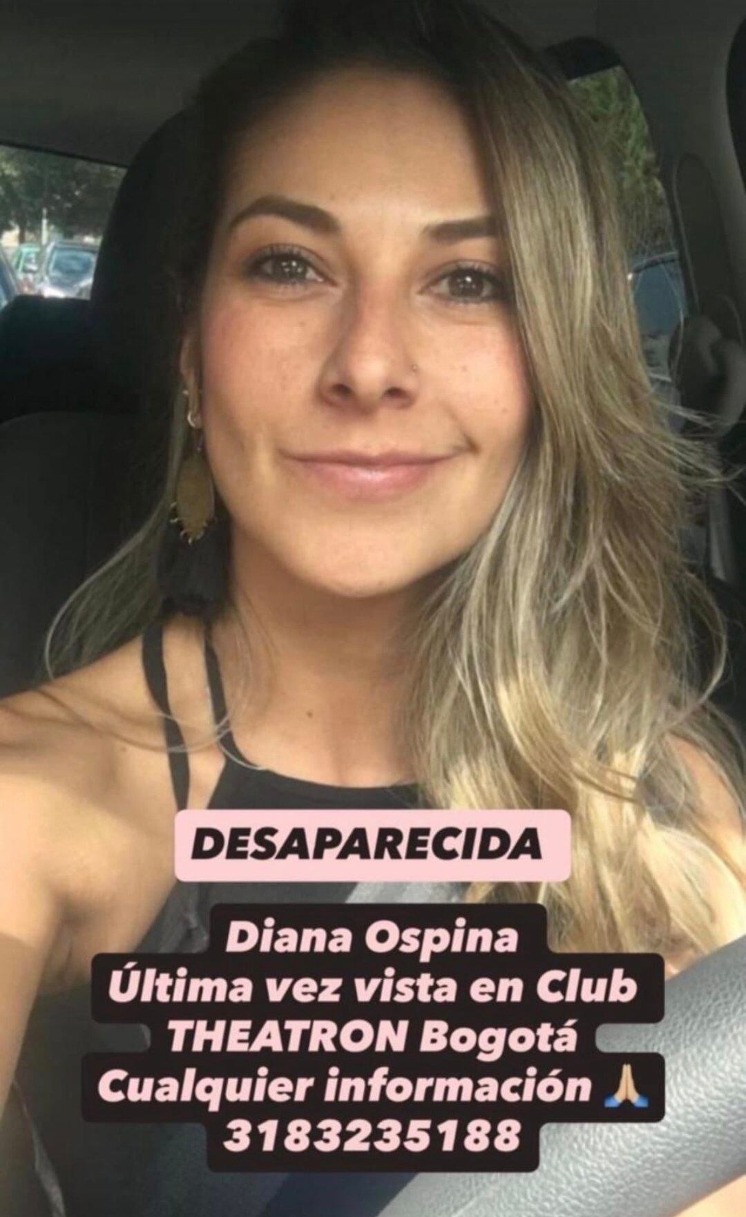 Diana Ospina se subió a un taxi cuando salió de Theatron, en Bogotá, y desde ese momento no se sabe nada sobre su paradero - crédito @anaidlegna/X
