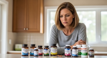 Mujer de mediana edad con expresión cansada sentada en una cocina, con una fila de frascos de suplementos vitamínicos y píldoras en la encimera.