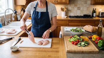 Una persona con delantal coloca pollo crudo sobre una tabla plástica cerca de verduras cortadas, una ensalada y pan.