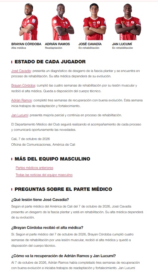 El comunicado oficial de América de Cali sobre la recuperación de Brayan Córdoba, las lesiones de José Cavadia y Jan Lucumi, y la nueva etapa de Adrián Ramos - crédito América