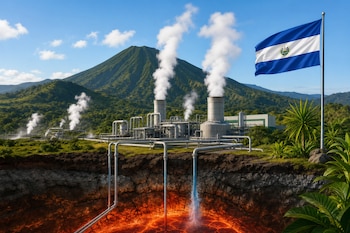 Planta industrial expulsa vapor junto a un volcán, con un corte del subsuelo caliente y la bandera de El Salvador a la derecha.