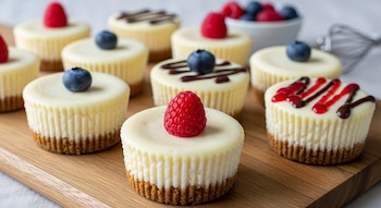 Primer plano de varios mini cheesecakes individuales en una tabla de madera, con cremoso relleno blanco y decorados con frambuesas, arándanos o glaseados.