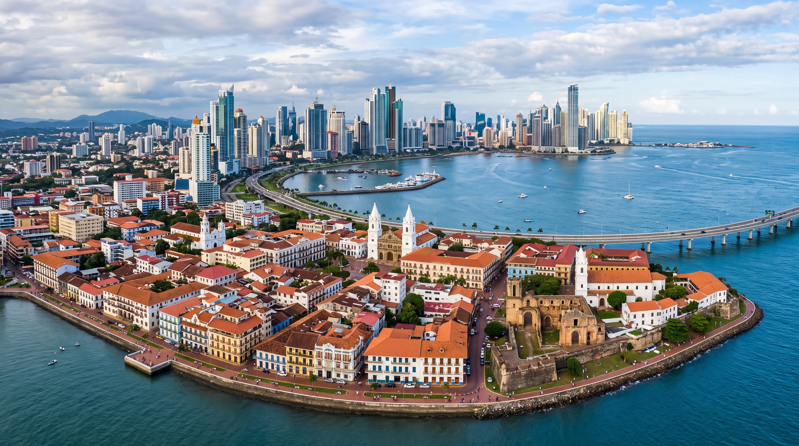 El centro histórico del Casco Viejo en la Ciudad de Panamá se extiende junto al mar frente al horizonte urbano de rascacielos modernos. (Imagen Ilustrativa Infobae)