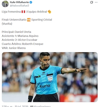 Terna arbitral y VAR del duelo entre Universitario y Sporting Cristal por final del Torneo Apertura de la Liga Femenina.