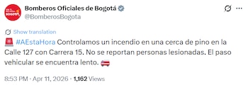 O Corpo de Bombeiros assumiu e conseguiu apagar o fogo. - crédito @BomberosBogota/X