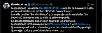 Federico Gutiérrez vinculó el operativo contra Bendito Menor con un cambio frente al gobierno anterior y felicitó a la Policía Nacional y a la Fiscalía - crédito @FicoGutierrez/X