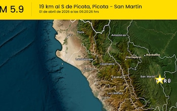 Mapa de Perú mostrando la región de San Martín y el epicentro de un sismo de magnitud 5.9 cerca de Picota, con datos de fecha y hora