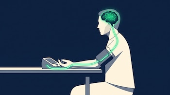 Ilustración de una persona sentada junto a un tensiómetro digital, con una línea verde brillante que conecta el brazalete con su cerebro.