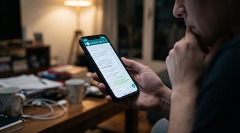Un hombre sostiene un teléfono celular que muestra un mensaje de texto con las palabras 50 MILLONES en pantalla.