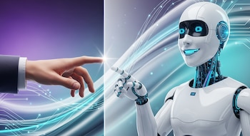 Mano humana y mano de robot blanco con articulaciones azules se tocan con un haz de luz brillante. El robot tiene un rostro digital sonriente.