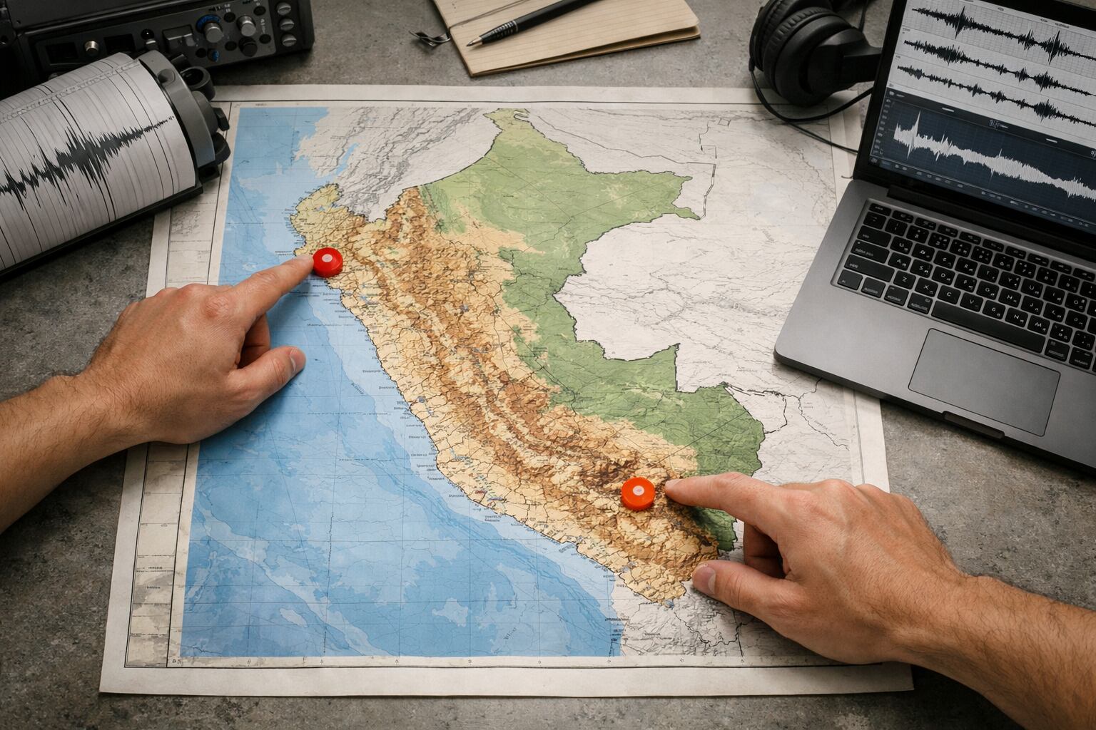 Manos señalan epicentros sísmicos recientes en Piura y Arequipa sobre un mapa físico del Perú, parte del monitoreo en un centro de alerta. (Imagen Ilustrativa Infobae)