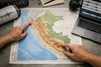 Vista cenital de manos señalando epicentros marcados en rojo sobre un mapa del Perú, junto a un sismógrafo y una laptop con gráficos sísmicos.