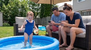 imagen realista de un niño pequeño, entre uno y dos años, jugando en una piscina individual mientras aun lado sus papás miran el celular sin prestarle atención.