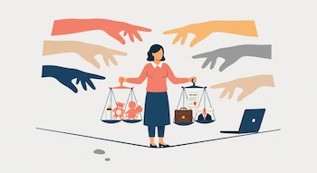 Ilustración de una mujer en el centro, sobre una cuerda floja, sosteniendo balanzas con símbolos de maternidad y carrera. Manos abstractas la rodean.
