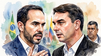 Una ilustración al estilo acuarela retrata un diálogo entre el presidente de Colombia Abelardo de la Espriella, y el candidato a la presidencia de Brasil, Flávio Bolsonaro, sobre extradición de alias Araña - crédito