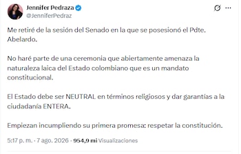 Jennifer Pedraza criticó la presencia de figuras religiosas en la posesión de Abelardo de la Espriella - crédito @JenniferPedraz/X