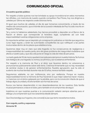 Armonía 10 publica comunicado y