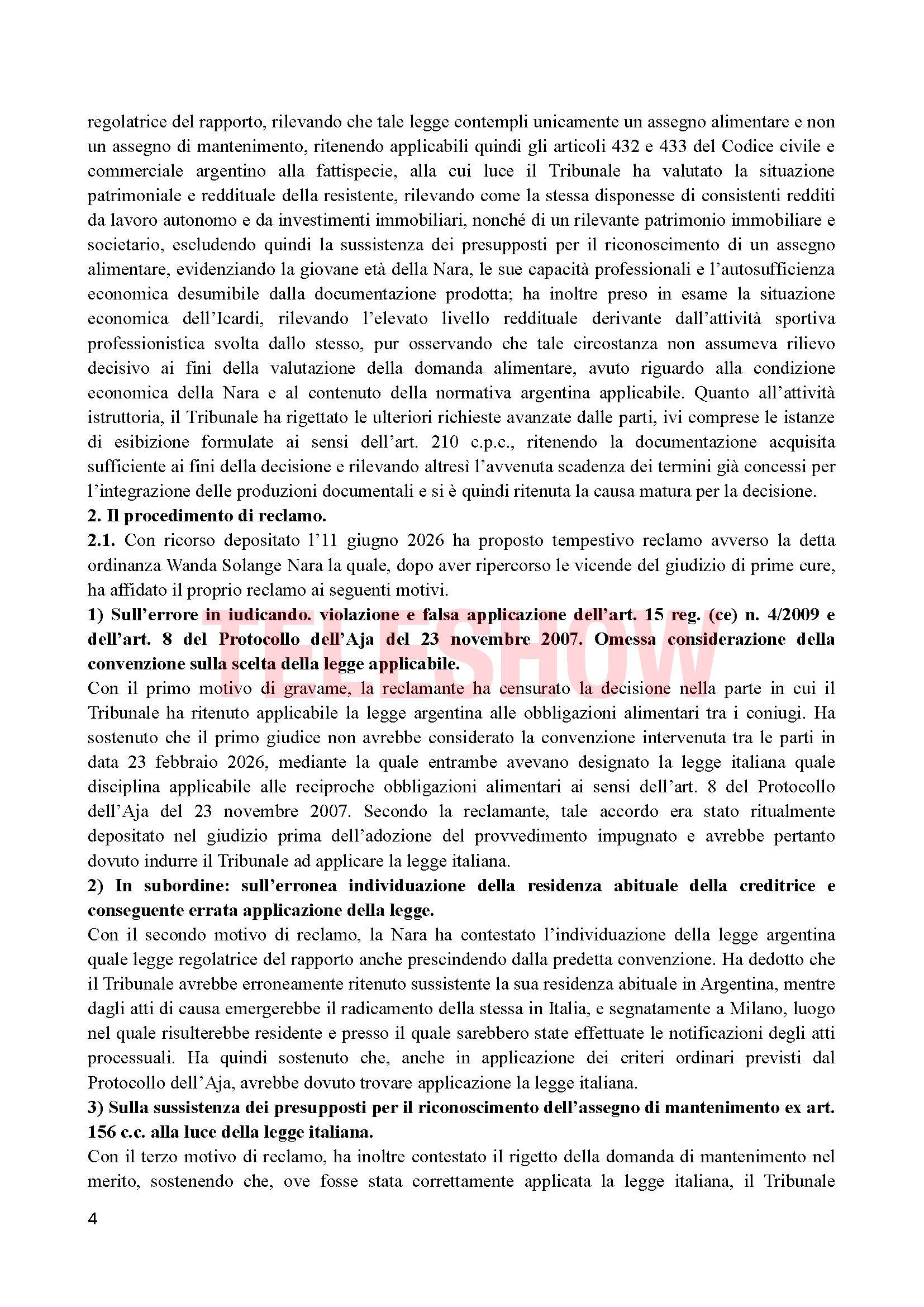 Un documento judicial italiano detalla una resolución a favor de Mauro Icardi en el proceso legal contra Wanda Nara, abordando temas de manutención y residencia habitual.