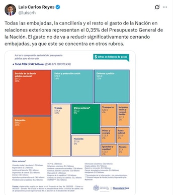 Luis Carlos Reyes, exdirector de la Dian, dijo que "el gasto no de va a reducir significativamente cerrando embajadas" - crédito @luiscrh/X