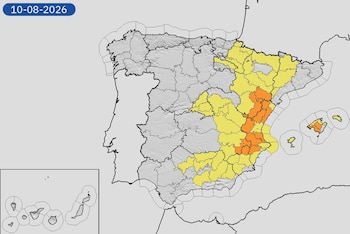 Mapa de alertas meteorológicas para este lunes, 10 de agosto de 2026. (Aemet)