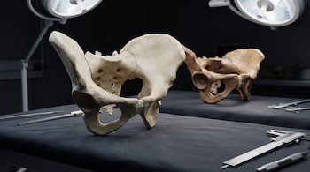 Dos réplicas de pelvis óseas sobre mesas oscuras, una en primer plano y otra al fondo, con luces de quirófano e instrumentos de medición visibles.
