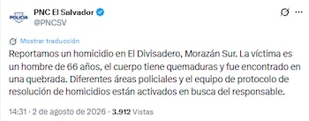 El cuerpo con quemaduras apareció en una quebrada de difícil acceso y activó un operativo de la Policía Nacional Civil. (Cortesía: Policía Nacional Civil)