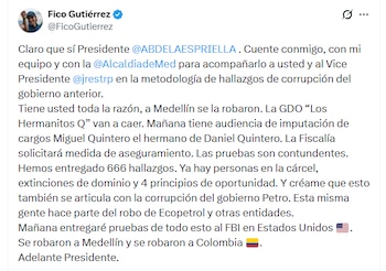 Federico Gutiérrez aseguró que la investigación contra el hermano de Daniel Quintero también será estudiada por Estados Unidos - crédito @FicoGutierrez/X