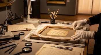 Manos enguantadas manipulan el reverso de una pintura antigua con una etiqueta. Herramientas de restauración, lupas y documentos están sobre una mesa de trabajo.