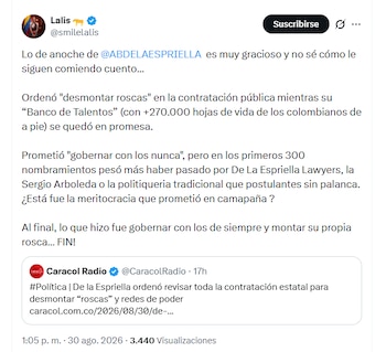 Lalis aseguró que existe una contradicción entre el discurso del Gobierno contra las “roscas” - crédito @smilelalis/X
