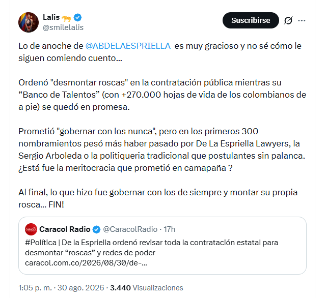 Lalis aseguró que existe una contradicción entre el discurso del Gobierno contra las “roscas” - crédito @smilelalis/X