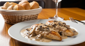 Dos filetes de pechuga de pollo con salsa cremosa y champiñones sobre un plato blanco, una canasta con pan, y una copa de vino en una mesa de madera.