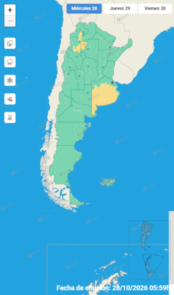 Mapa de Argentina dividido por provincias con áreas coloreadas en verde y amarillo, botones de fechas y símbolos meteorológicos