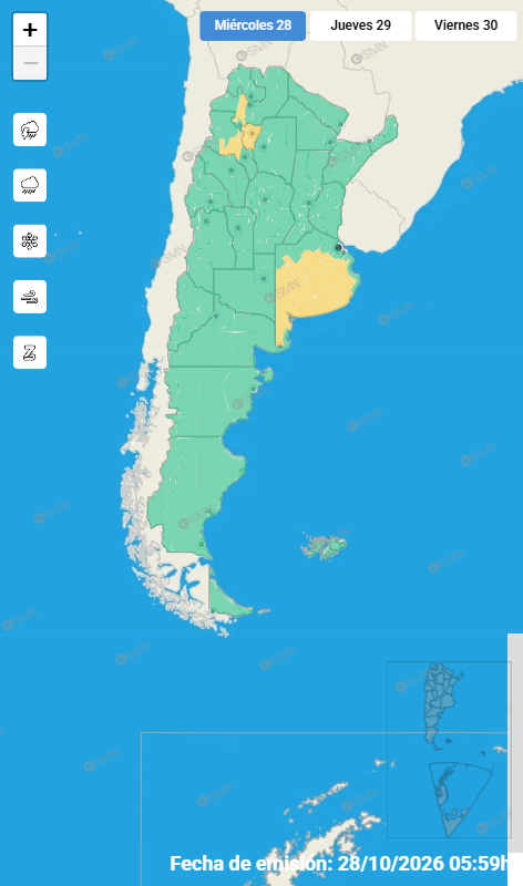 Un mapa del Servicio Meteorológico Nacional señala sectores en alerta amarilla en la provincia de Buenos Aires y el noroeste de Argentina.