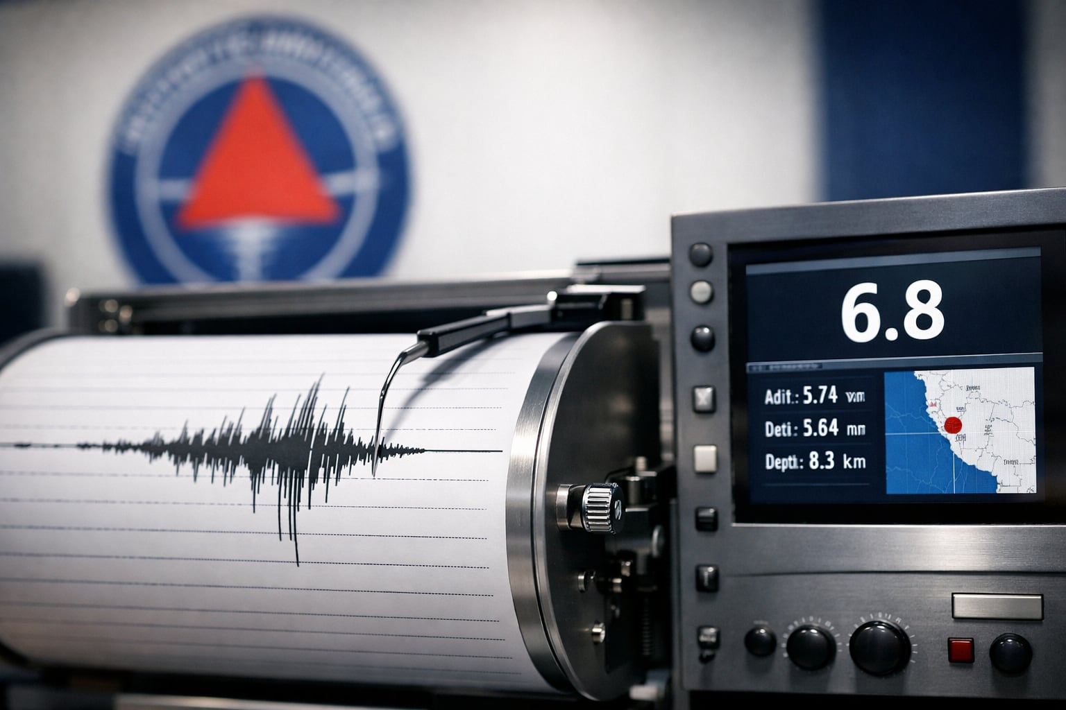Un sismógrafo del Instituto Geofísico del Perú muestra el registro de un evento sísmico de magnitud 6.8 con su epicentro en la costa peruana, detallando la profundidad del movimiento telúrico. (Imagen Ilustrativa Infobae)