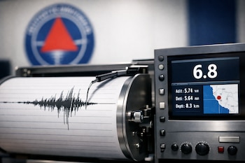 Sismógrafo con papel registrando ondas sísmicas, pantalla digital que indica magnitud 6.8, profundidad 8.3 km y mapa de Perú con epicentro marcado.