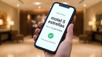 Una mano sostiene un teléfono móvil con la pantalla encendida que muestra un mensaje de pago exitoso para motel 5 estrellas y el monto de 1,200 MXN.