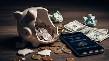 Hucha rota con monedas y billetes estadounidenses junto a un teléfono móvil - VisualesIA ScribNews